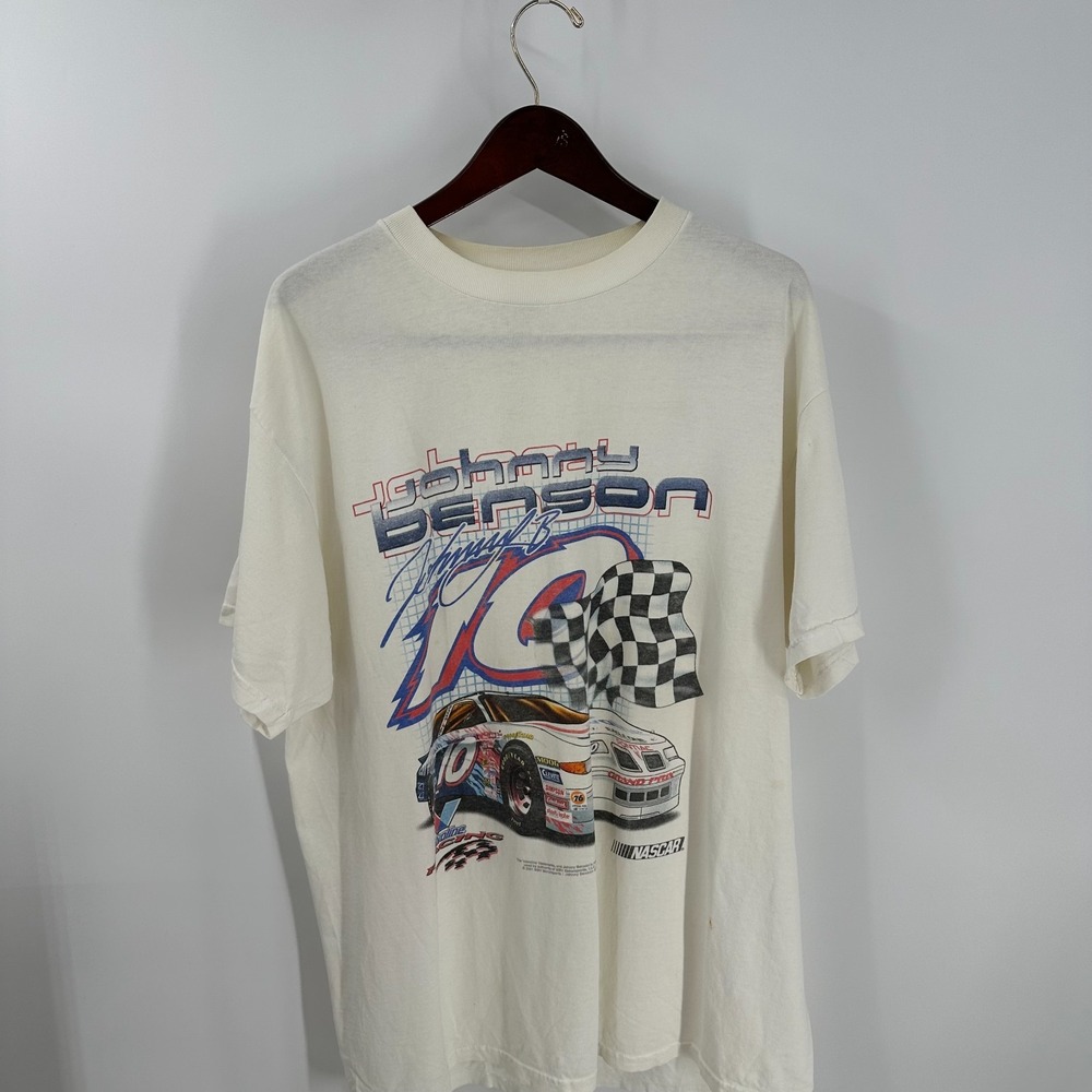 Vintage 90s Nascar Racing Johnny Benson Delta Mens Ivory Graphic T-Shirt Size XL